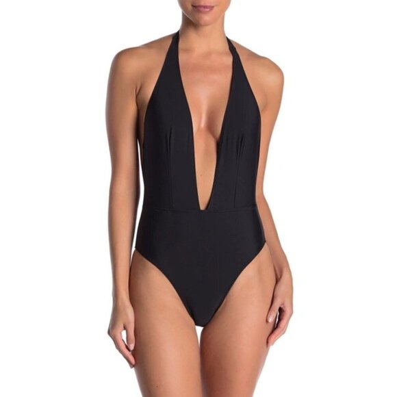 NWT Kendall & Kylie black plunging neckline halter self-tie one piece swimsuit - Picture 4 of 7